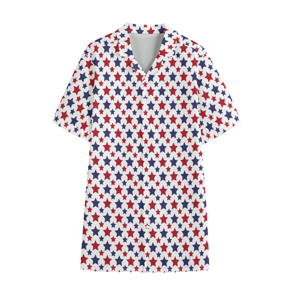 Red And Blue American Star Pattern Print Cotton Hawaiian Shirt
