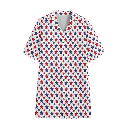 Red And Blue American Star Pattern Print Cotton Hawaiian Shirt