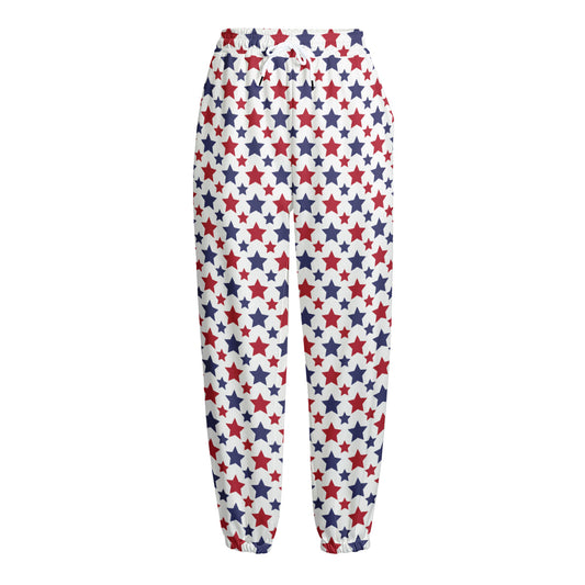 Red And Blue American Star Pattern Print Fleece Lined Knit Pants