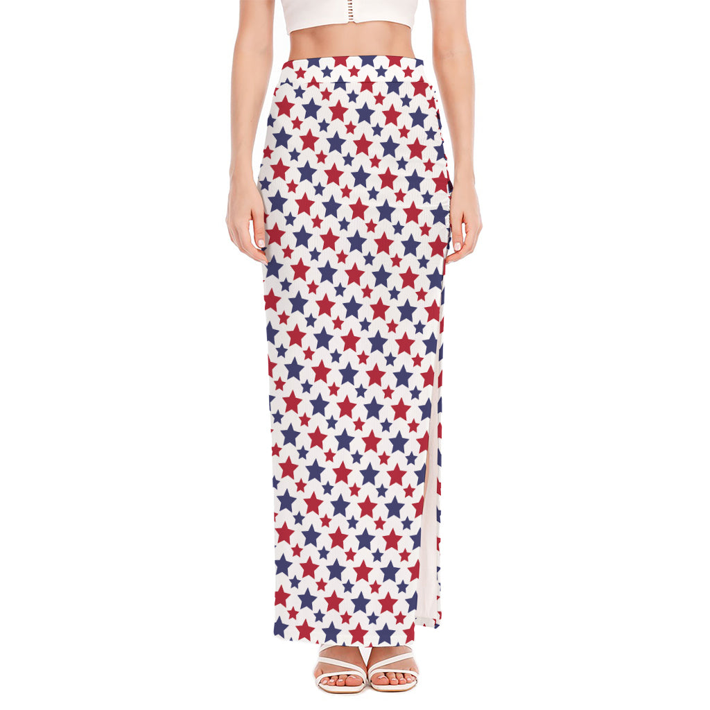 Red And Blue American Star Pattern Print High Slit Maxi Skirt