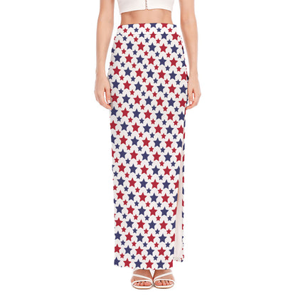Red And Blue American Star Pattern Print High Slit Maxi Skirt