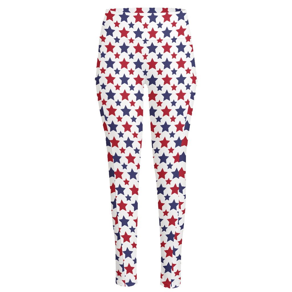 Red And Blue American Star Pattern Print High-Waisted Pocket Leggings