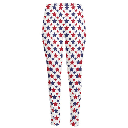 Red And Blue American Star Pattern Print High-Waisted Pocket Leggings