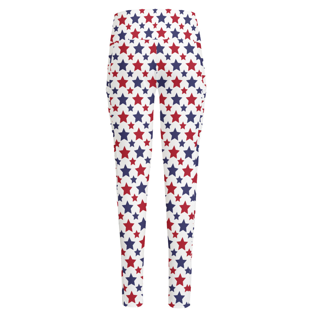 Red And Blue American Star Pattern Print High-Waisted Pocket Leggings