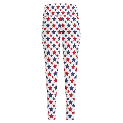 Red And Blue American Star Pattern Print High-Waisted Pocket Leggings
