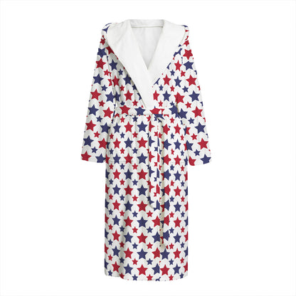 Red And Blue American Star Pattern Print Hooded Bathrobe