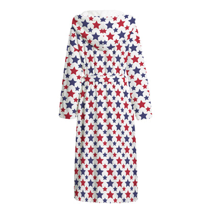 Red And Blue American Star Pattern Print Hooded Bathrobe