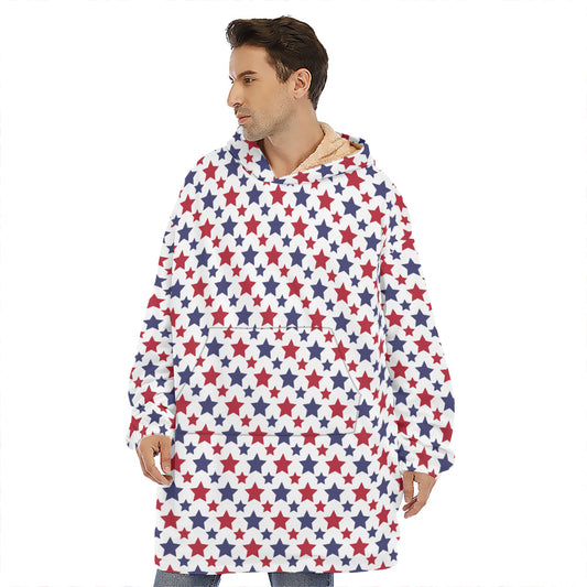 Red And Blue American Star Pattern Print Hoodie Blanket