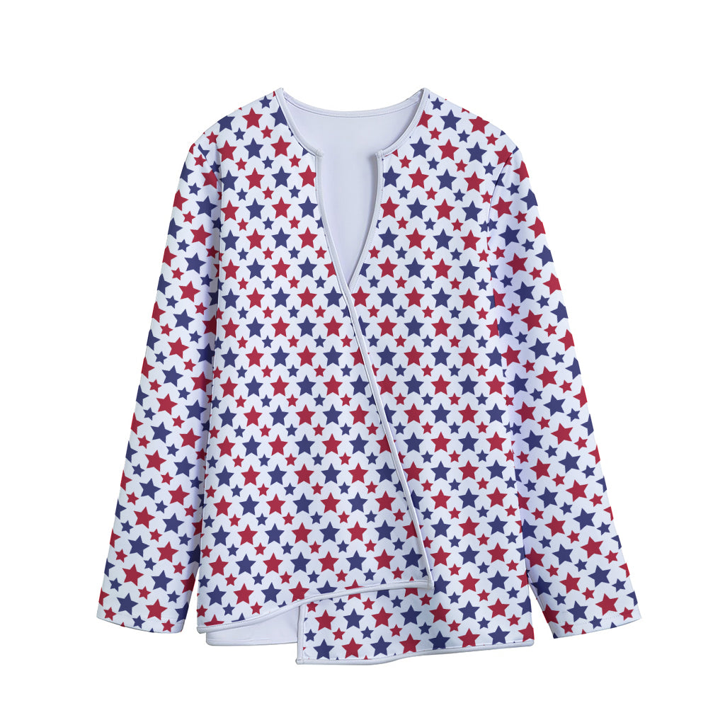 Red And Blue American Star Pattern Print Long Sleeve Short Coat
