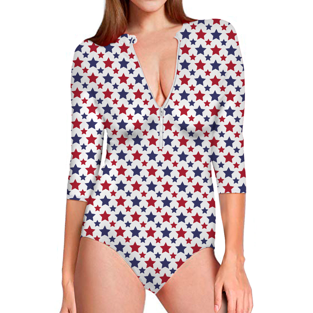 Red And Blue American Star Pattern Print Long Sleeve Swimsuit