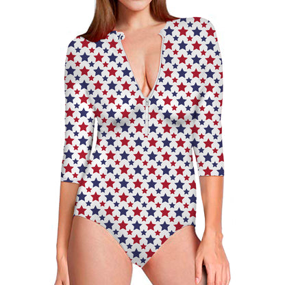 Red And Blue American Star Pattern Print Long Sleeve Swimsuit