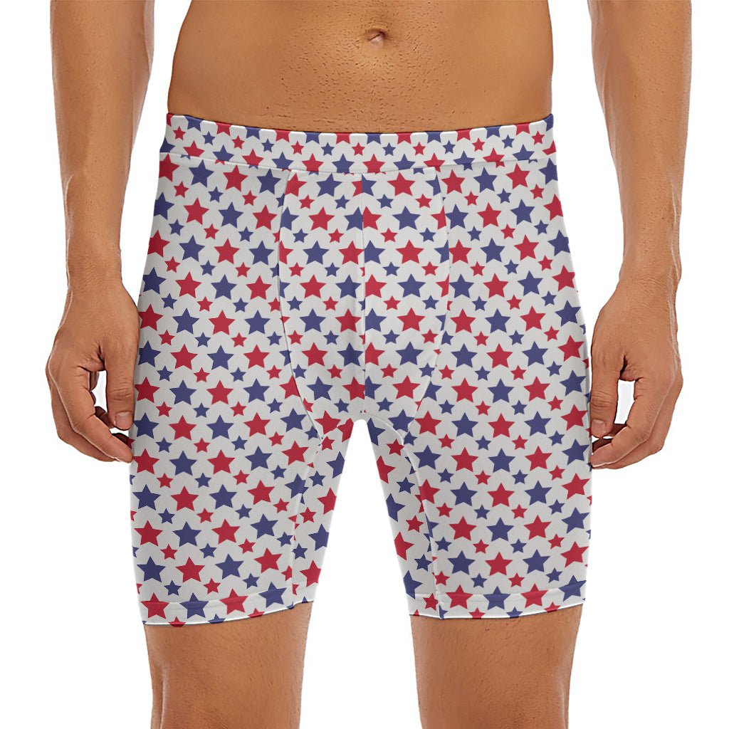 Red And Blue American Star Pattern Print Men's Long Boxer Briefs