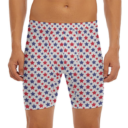 Red And Blue American Star Pattern Print Men's Long Boxer Briefs