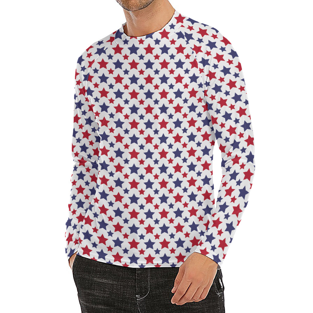 Red And Blue American Star Pattern Print Men's Long Sleeve Rash Guard