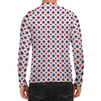 Red And Blue American Star Pattern Print Men's Long Sleeve Rash Guard