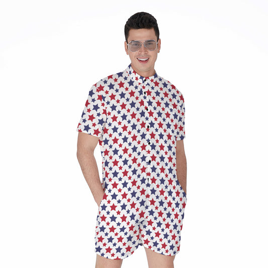 Red And Blue American Star Pattern Print Men's Rompers