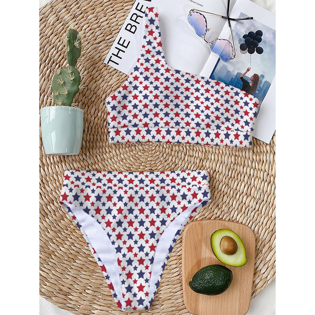 Red And Blue American Star Pattern Print One Shoulder Bikini Top