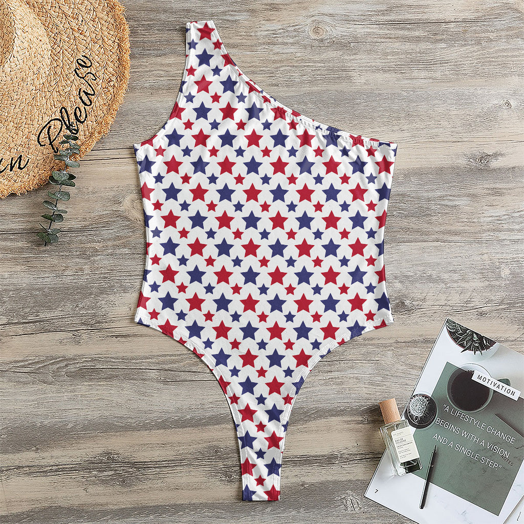 Red And Blue American Star Pattern Print One Shoulder Bodysuit