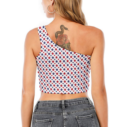 Red And Blue American Star Pattern Print One Shoulder Crop Top