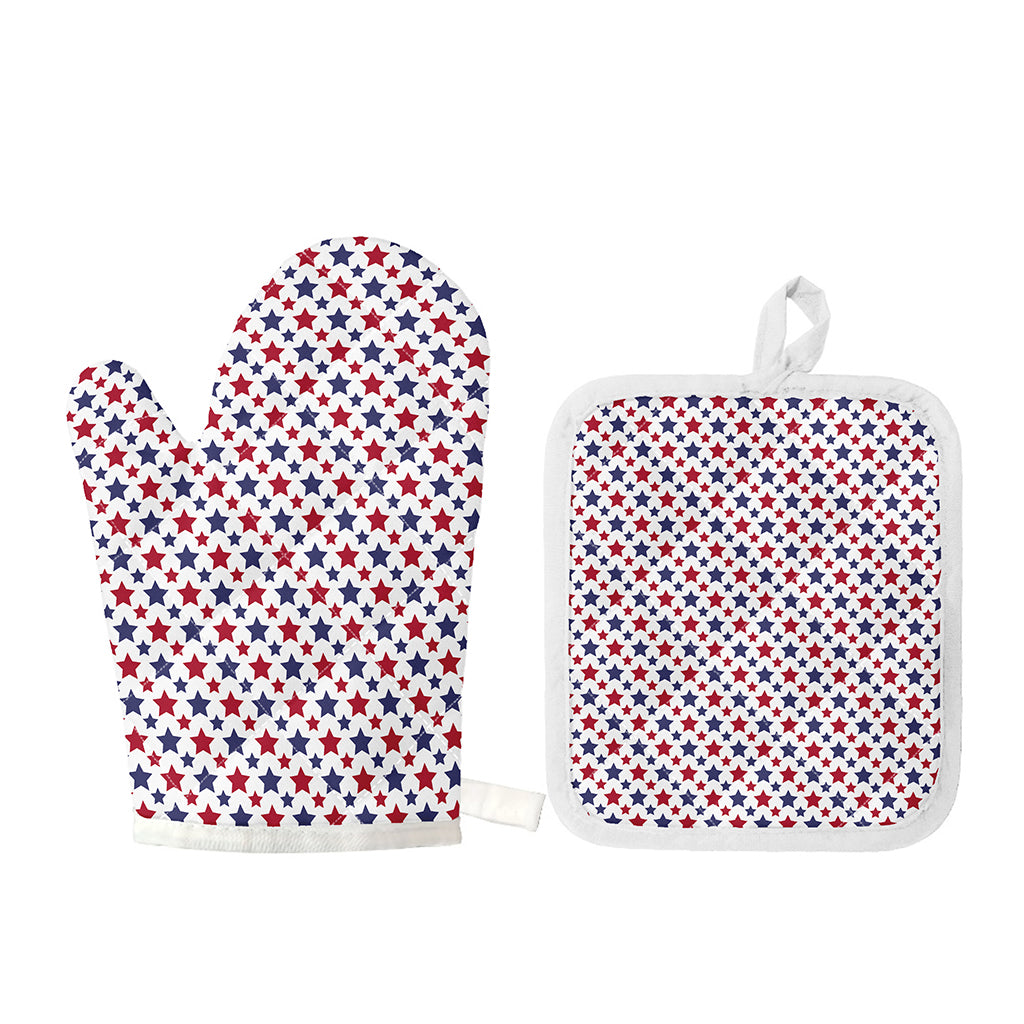 Red And Blue American Star Pattern Print Oven Mitt And Pot Holder Set