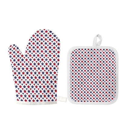 Red And Blue American Star Pattern Print Oven Mitt And Pot Holder Set