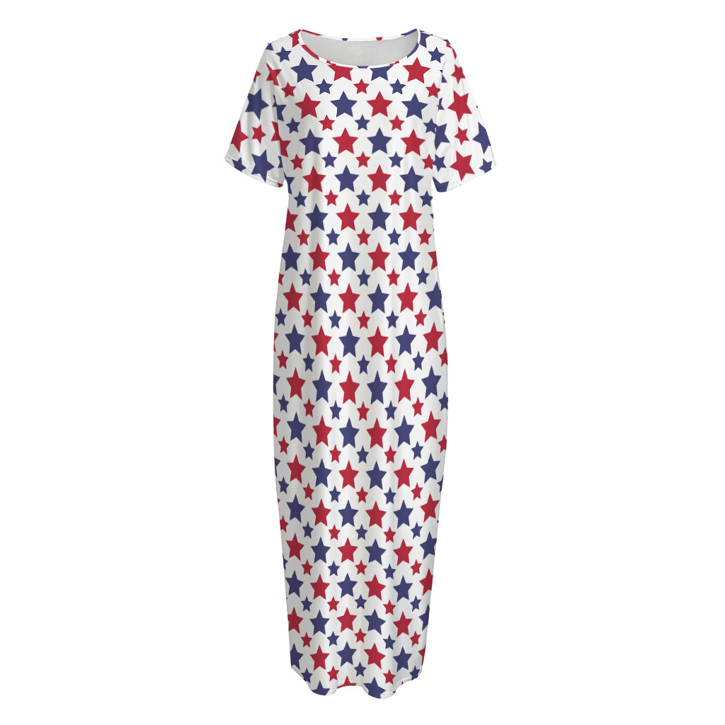Red And Blue American Star Pattern Print Short Sleeve Long Nightdress