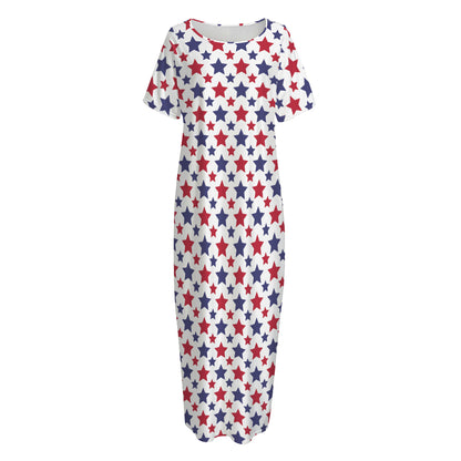 Red And Blue American Star Pattern Print Short Sleeve Long Nightdress