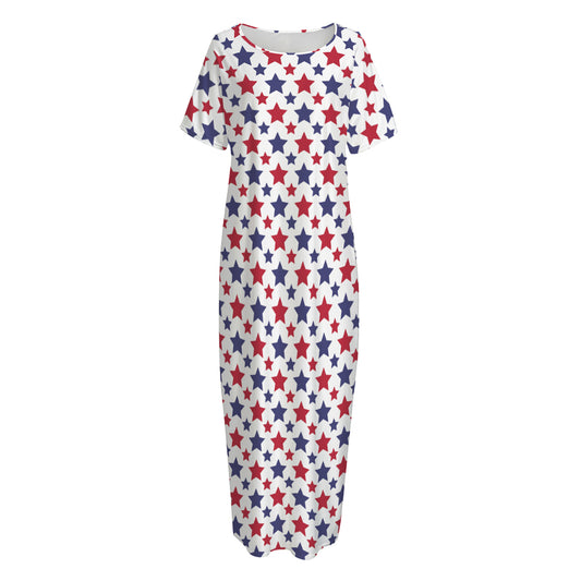 Red And Blue American Star Pattern Print Short Sleeve Long Nightdress