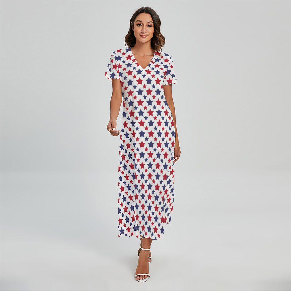 Red And Blue American Star Pattern Print Short Sleeve Maxi Dress