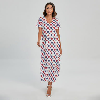 Red And Blue American Star Pattern Print Short Sleeve Maxi Dress