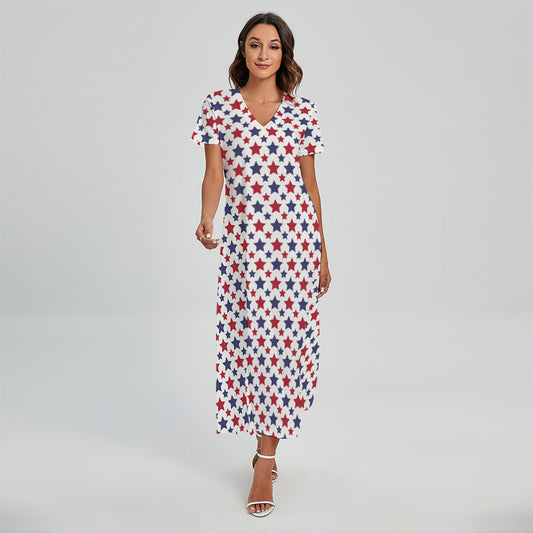 Red And Blue American Star Pattern Print Short Sleeve Maxi Dress