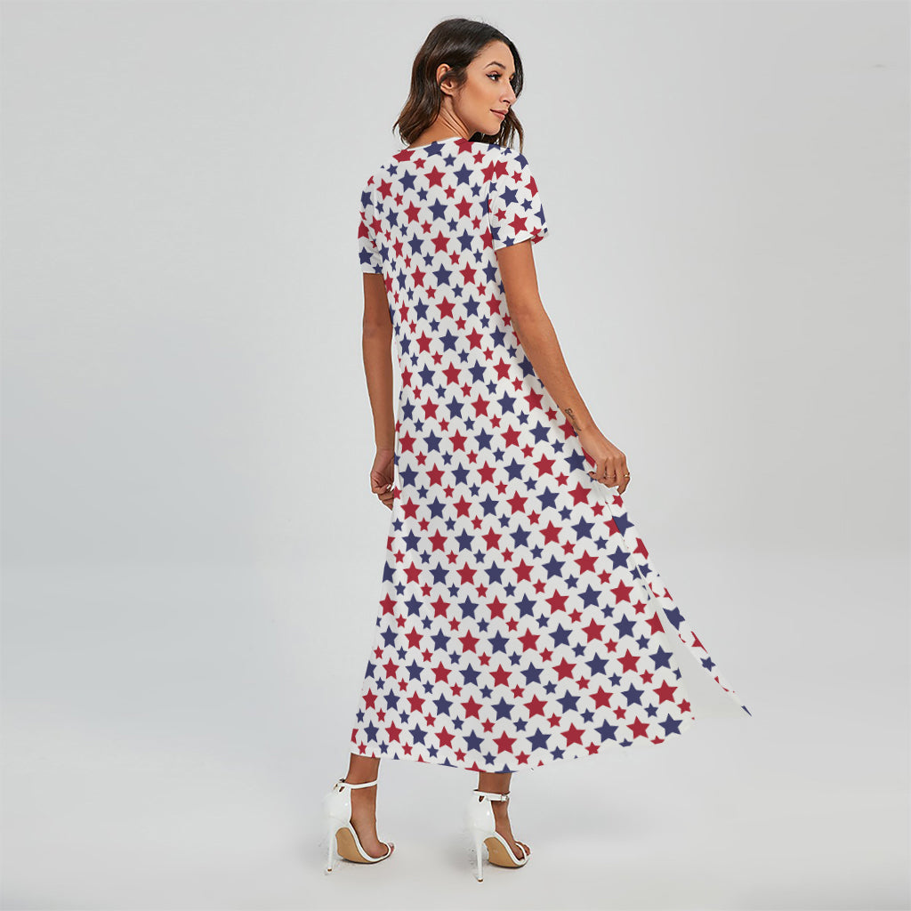 Red And Blue American Star Pattern Print Short Sleeve Maxi Dress