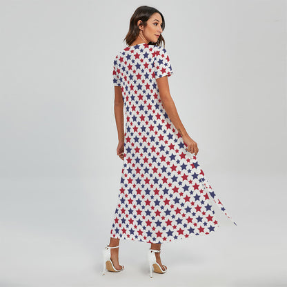 Red And Blue American Star Pattern Print Short Sleeve Maxi Dress