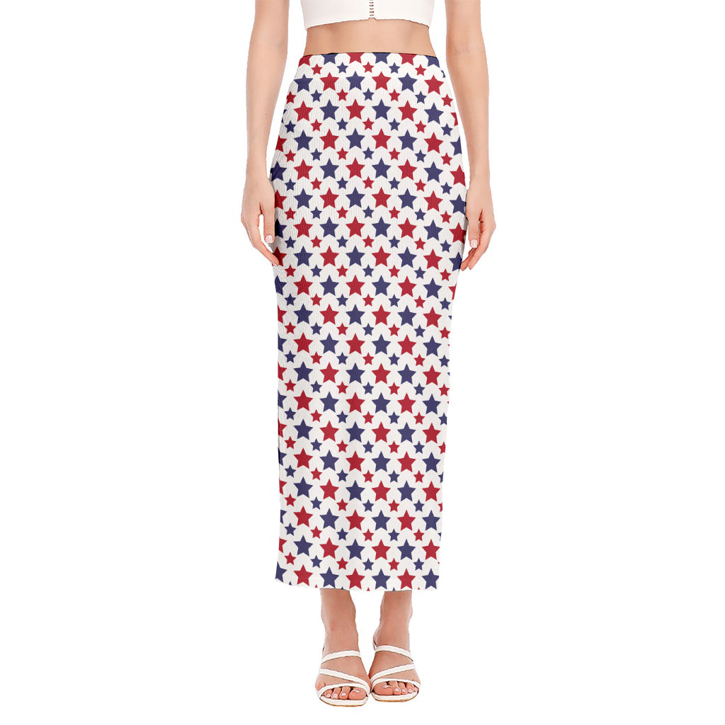 Red And Blue American Star Pattern Print Side Slit Maxi Skirt