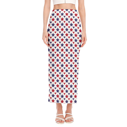 Red And Blue American Star Pattern Print Side Slit Maxi Skirt