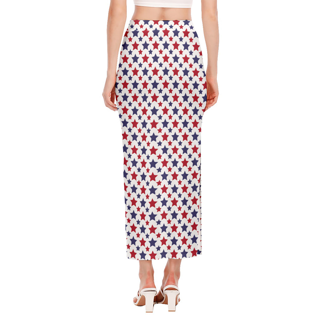 Red And Blue American Star Pattern Print Side Slit Maxi Skirt