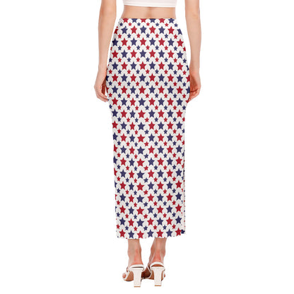 Red And Blue American Star Pattern Print Side Slit Maxi Skirt