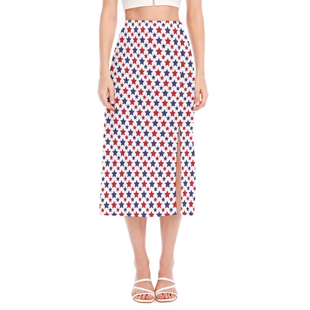 Red And Blue American Star Pattern Print Side Slit Midi Skirt