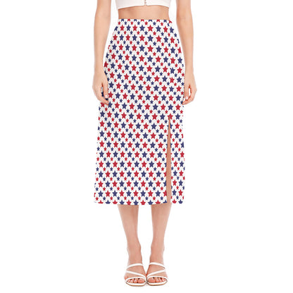 Red And Blue American Star Pattern Print Side Slit Midi Skirt