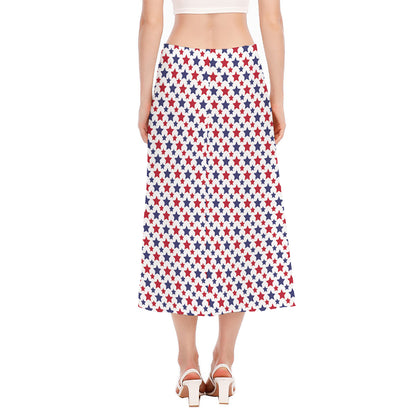 Red And Blue American Star Pattern Print Side Slit Midi Skirt