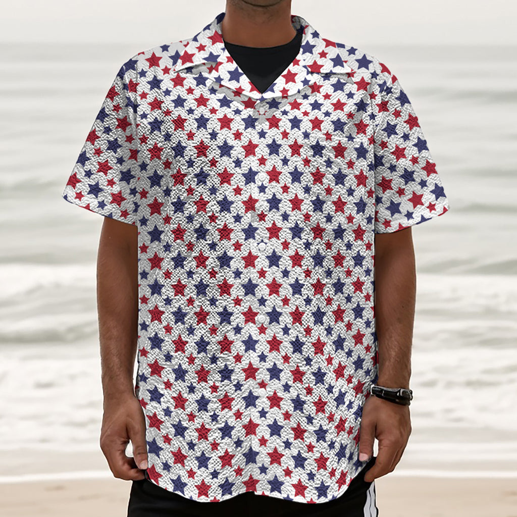 Red And Blue American Star Pattern Print Textured Short Sleeve Shirt