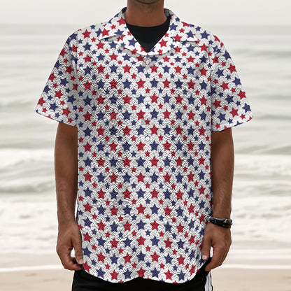 Red And Blue American Star Pattern Print Textured Short Sleeve Shirt