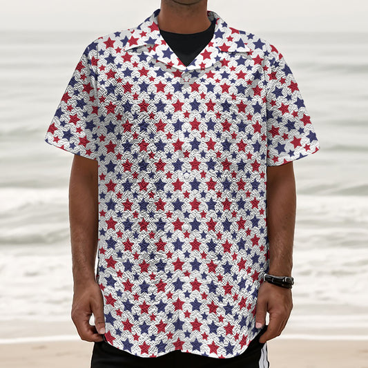 Red And Blue American Star Pattern Print Textured Short Sleeve Shirt