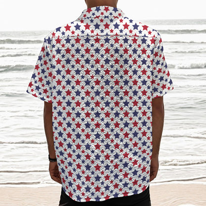 Red And Blue American Star Pattern Print Textured Short Sleeve Shirt