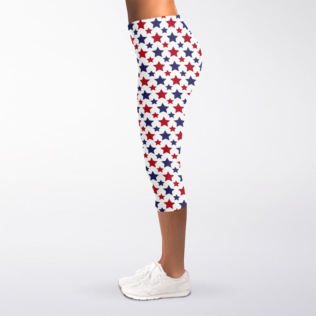 Red And Blue American Star Pattern Print Women's Capri Leggings