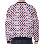 Red And Blue American Star Pattern Print Zip Sleeve Bomber Jacket