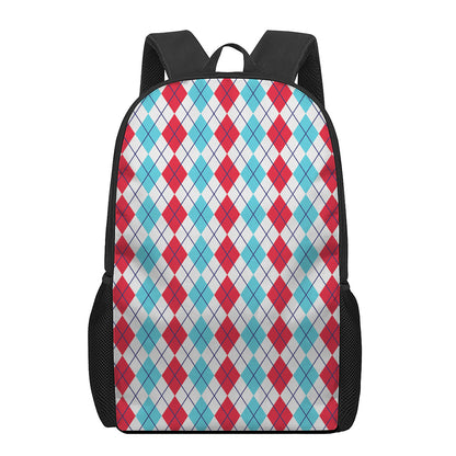 Red And Blue Argyle Pattern Print 17 Inch Backpack