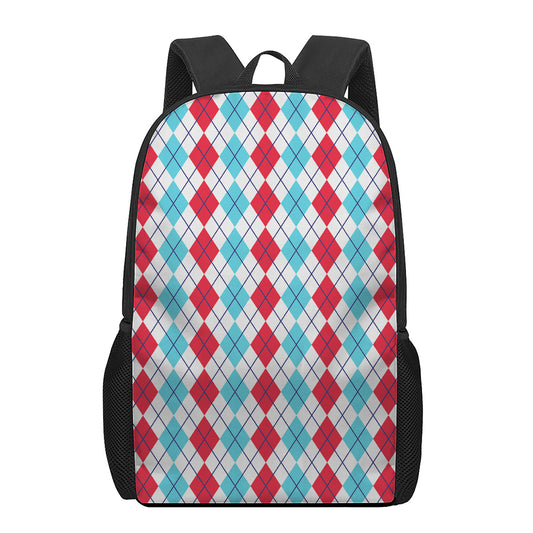 Red And Blue Argyle Pattern Print 17 Inch Backpack