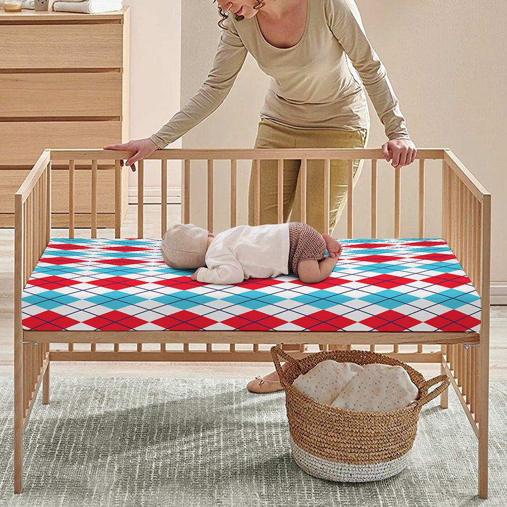 Red And Blue Argyle Pattern Print Baby Crib Sheet