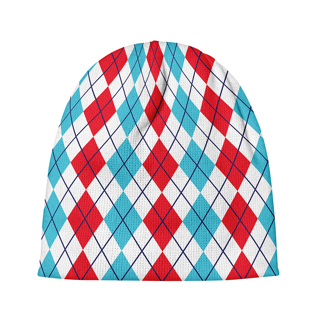 Red And Blue Argyle Pattern Print Beanie